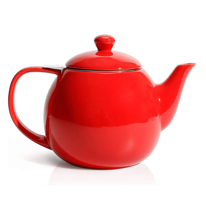 Personalized Red Glazed Ceramic Tea Pot with Metal Strainer Simple Porcelain Teapots with Infuser