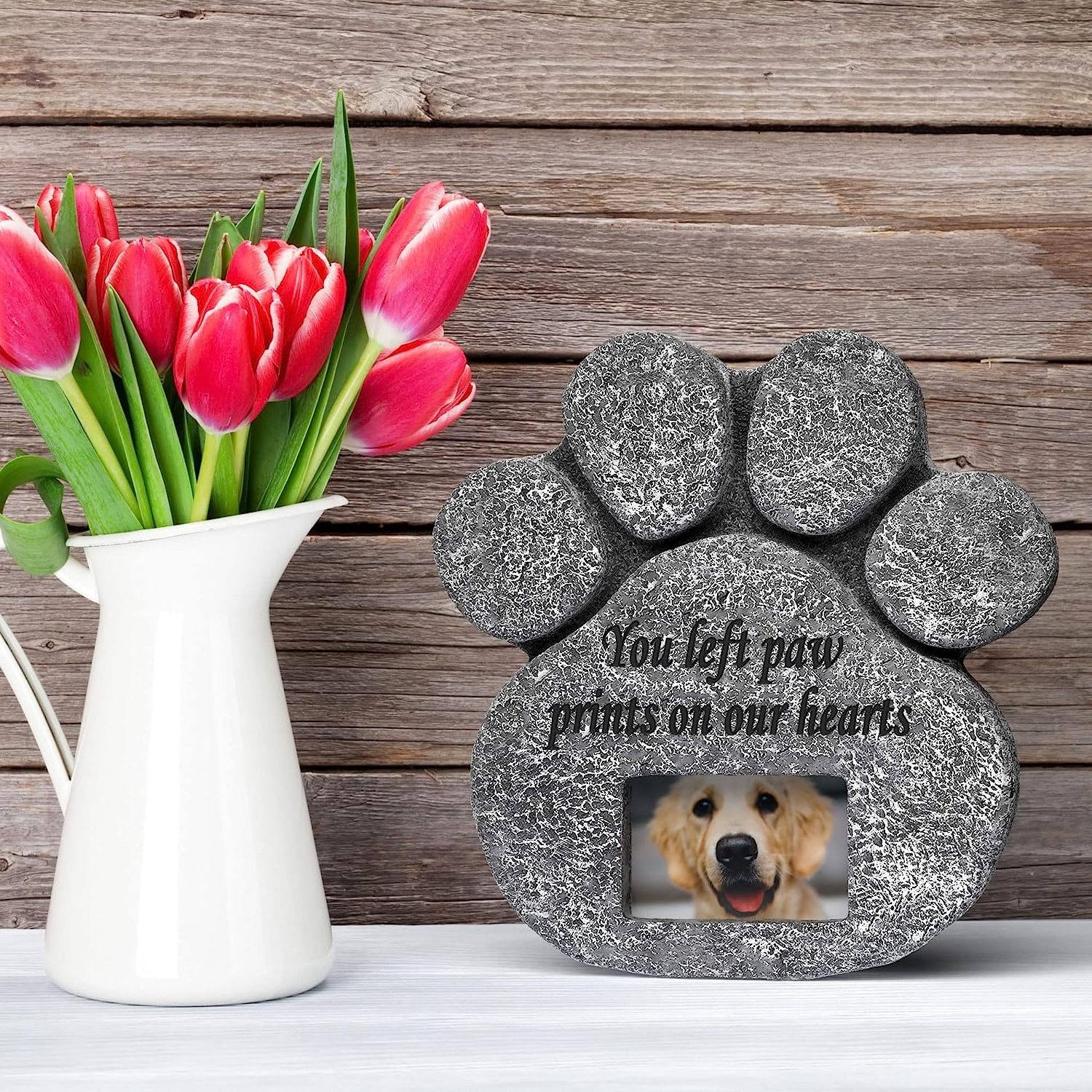 Pet Gift Personalized Dog Memorial Headstone Grave Marker Paw Print Pet Memorial Stone with Customizable Photo Frame