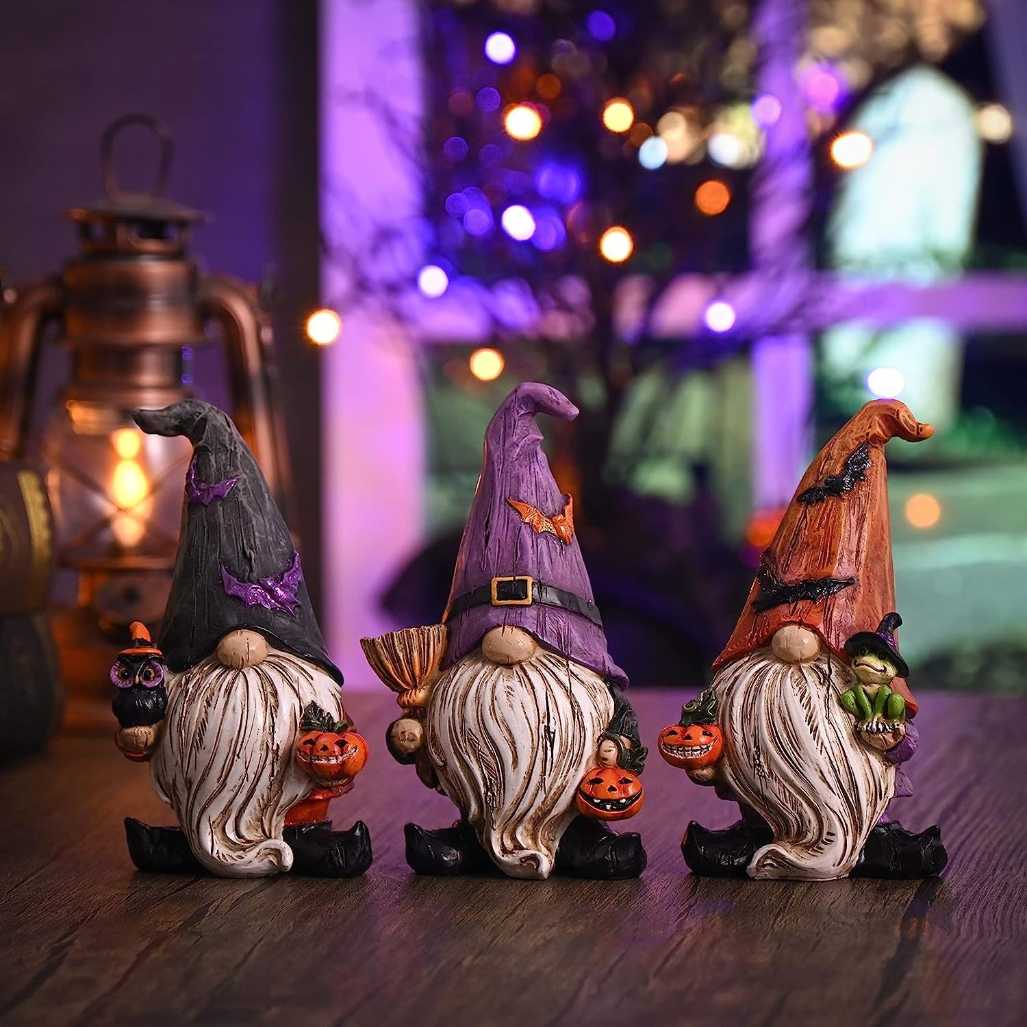 Handmade Resin Halloween Gnomes Statues with Pumpkin and Broom Polyresin Gnome Figurines for Indoor Outdoor