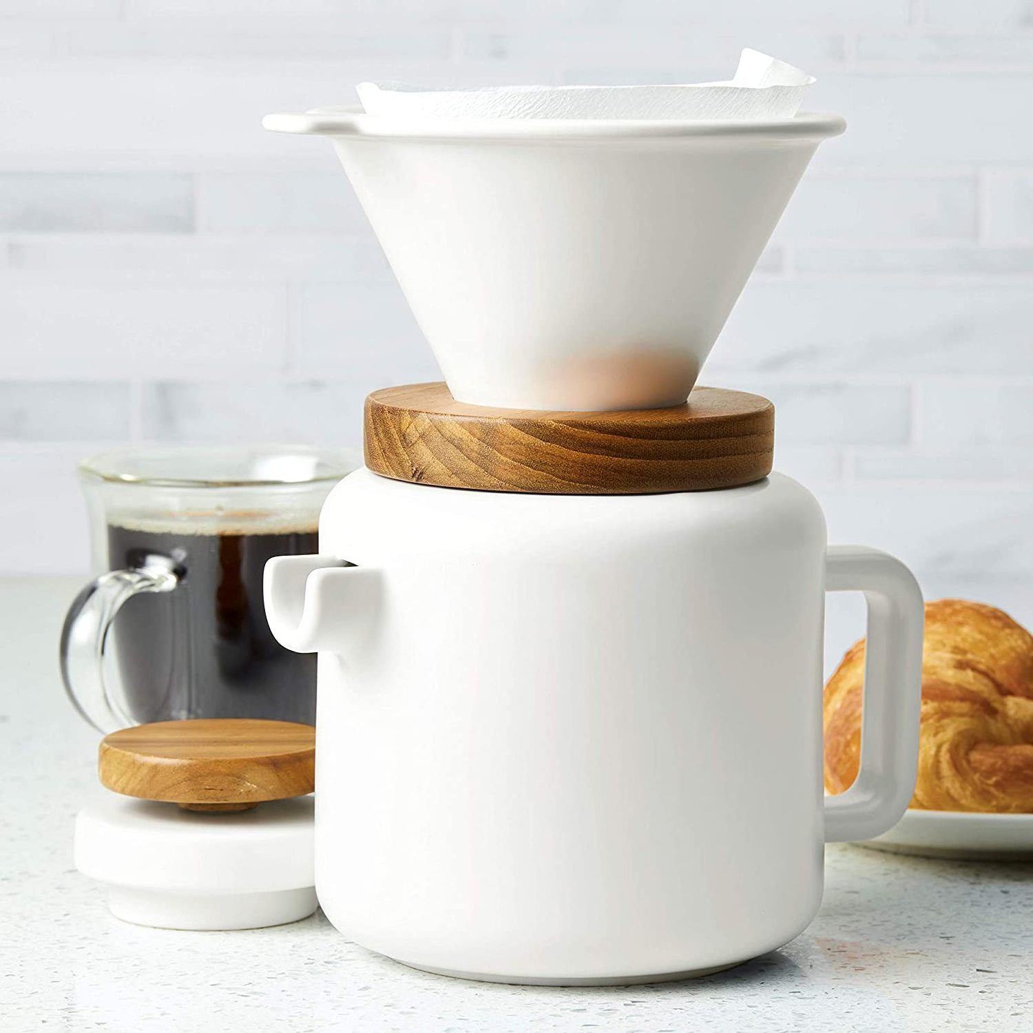 4-Cup Pour Set Matte White Stoneware Coffee Maker in Bulk