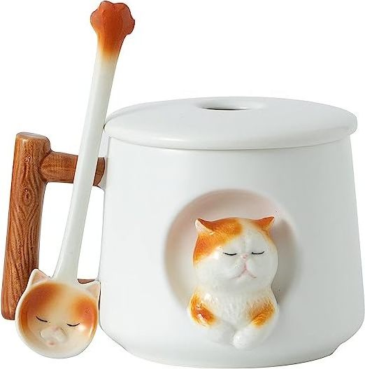 14 Ounces Cute Cat Mug Ceramic Tea Cup with Lid  and Matching Spoon Novelty 3D Mug Cute