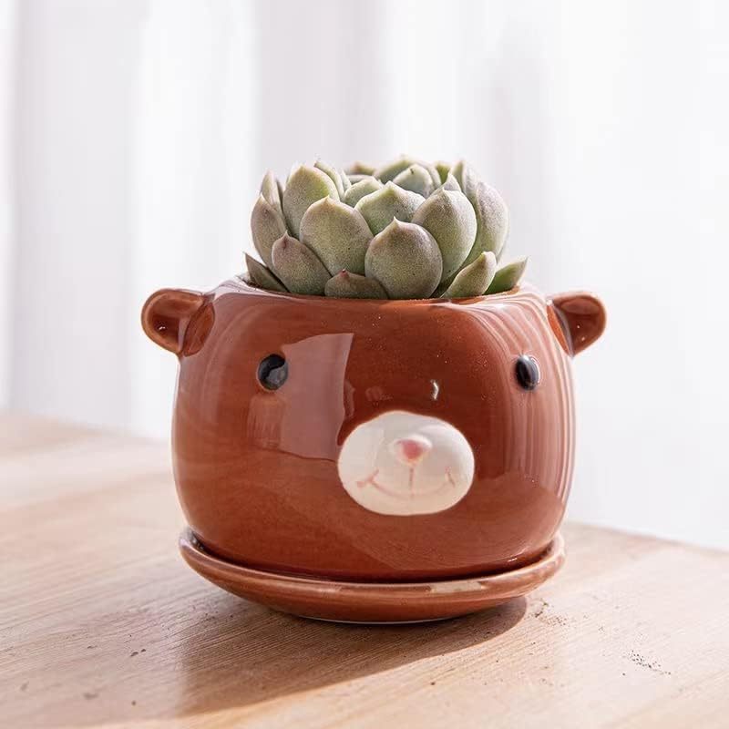 Unique Ceramic Flower Pots with Saucer Handmade Porcelain Animal Cartoon Pattern Planters