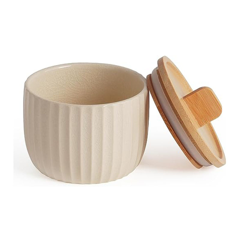 14oz  Salt Cellar Keeper Big Capacity Ceramic Sugar Bowls Container Condiment Pot with Bamboo Lid