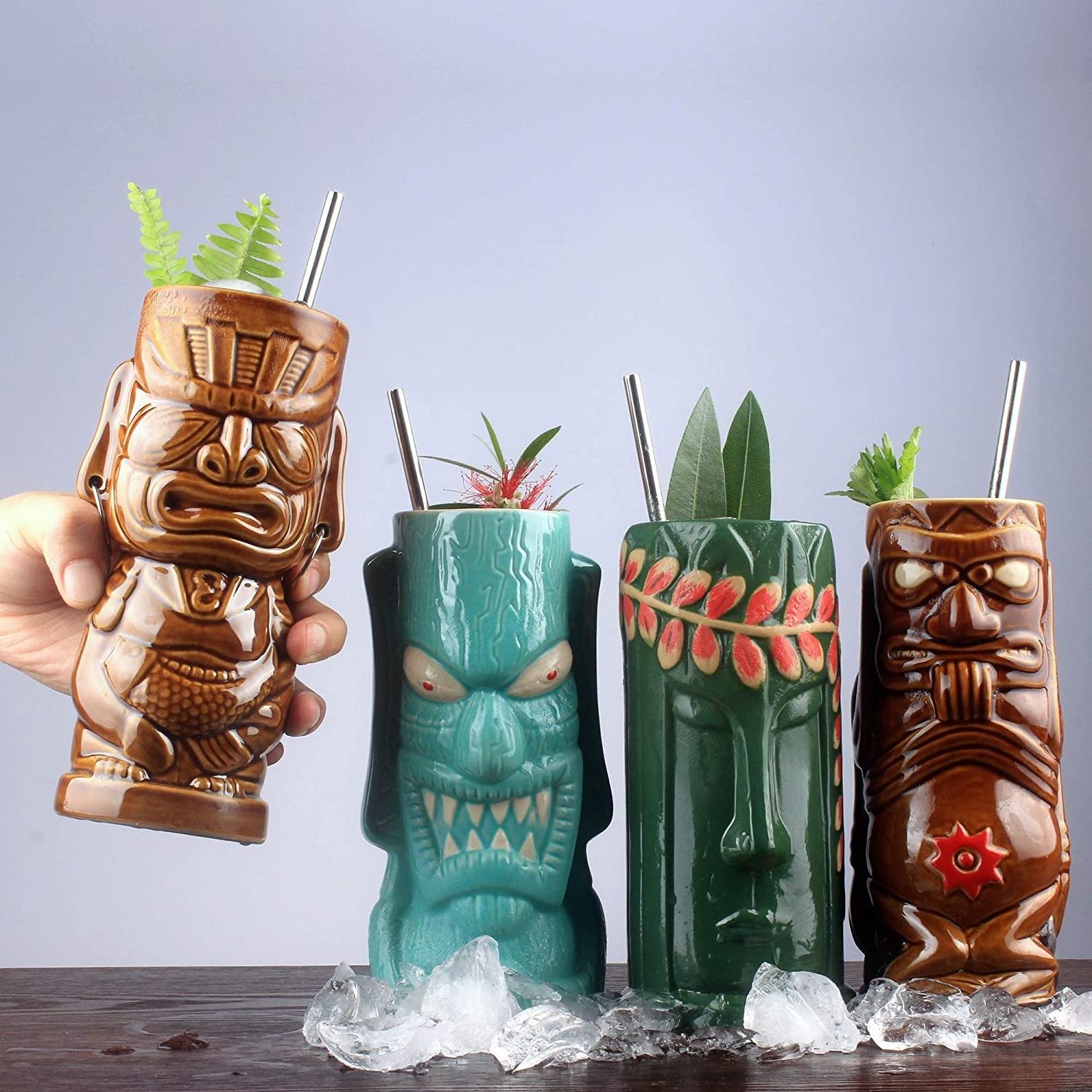 Hawaiian Style Ceramic Cocktail Mug Set Exotic Porcelain Tiki Cup Glasses in Bulk