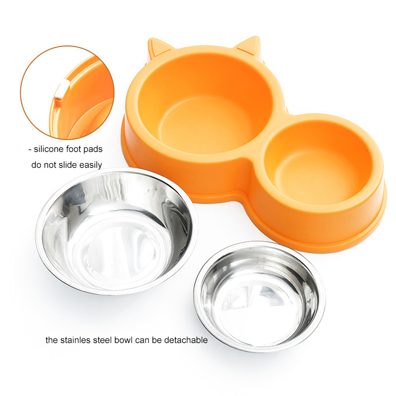 pet food feeder dual bowls anti spill cat drinking water feeding dispenser non slip double stainless steel dog bowl