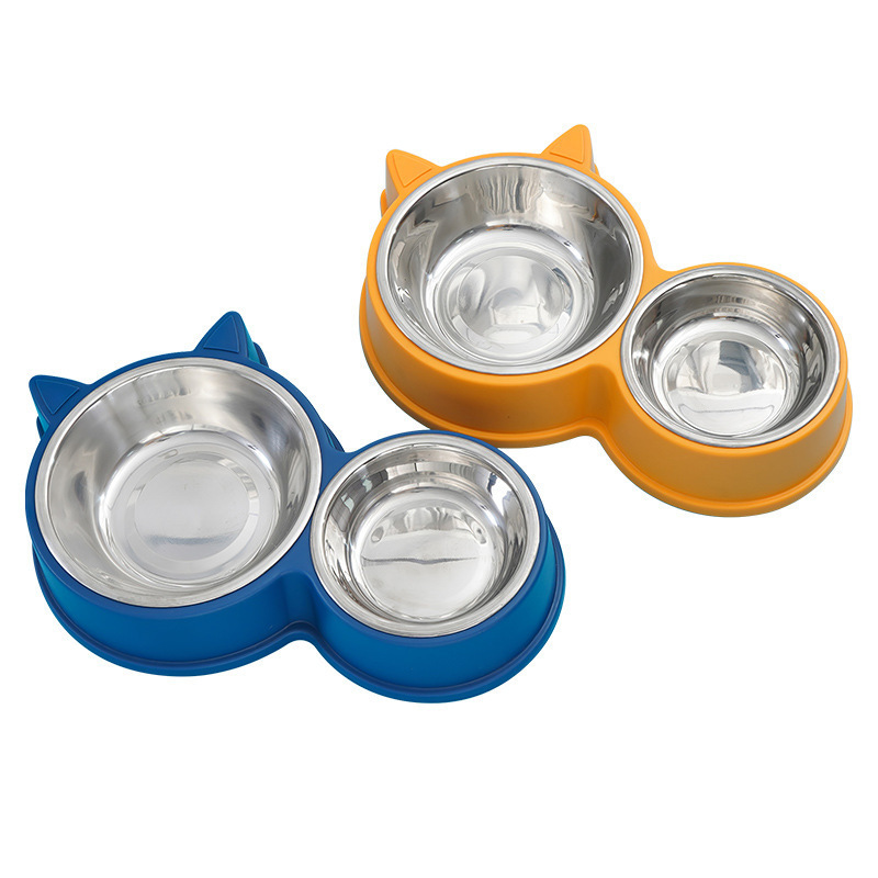 pet food feeder dual bowls anti spill cat drinking water feeding dispenser non slip double stainless steel dog bowl