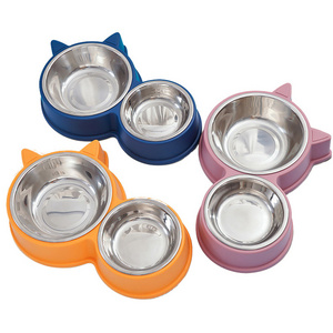 pet food feeder dual bowls anti spill cat drinking water feeding dispenser non slip double stainless steel dog bowl