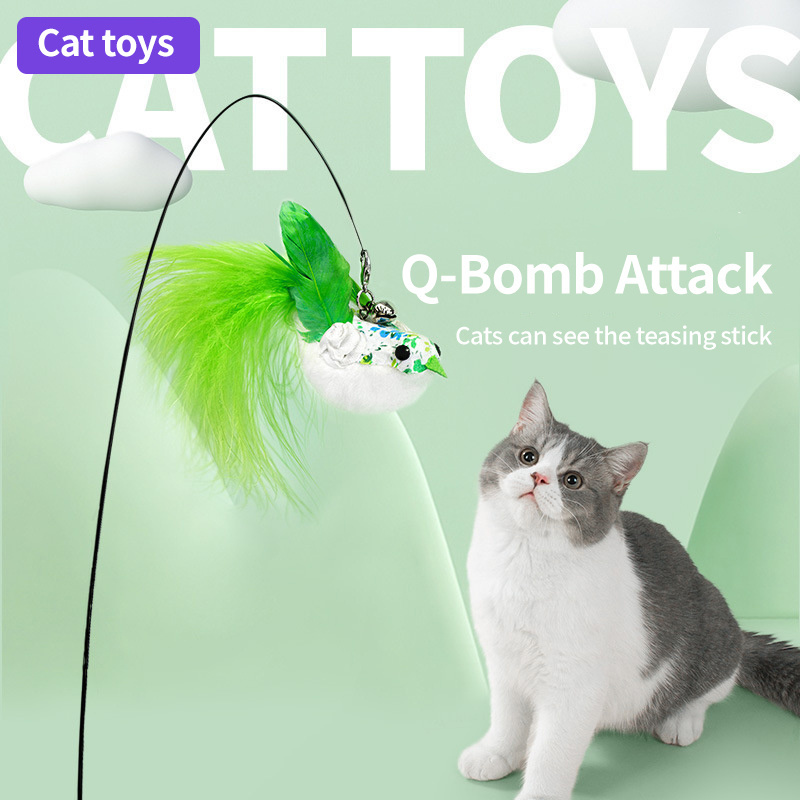 Pet Toy Cat Tease Stick Simulation Bird Feather Bell PP Handle Interactive Retractable Wand Teasing Kitten Cat Toys Supplies