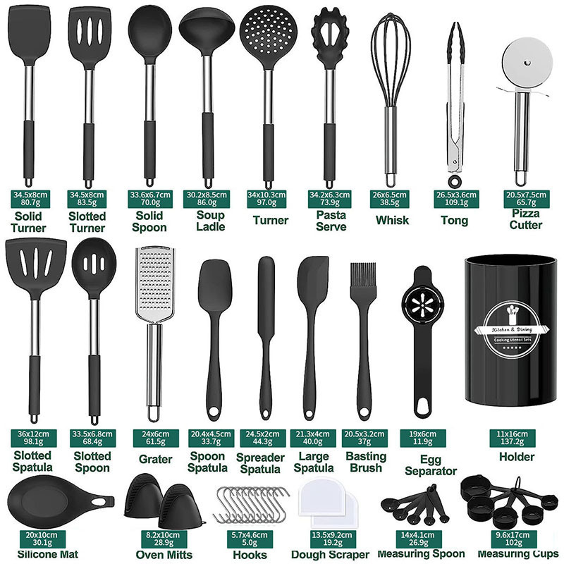 Hot selling Heat resistant black kitchen gadgets tools 43 pcs silicone kitchen cooking utensils set with stainless steel handle