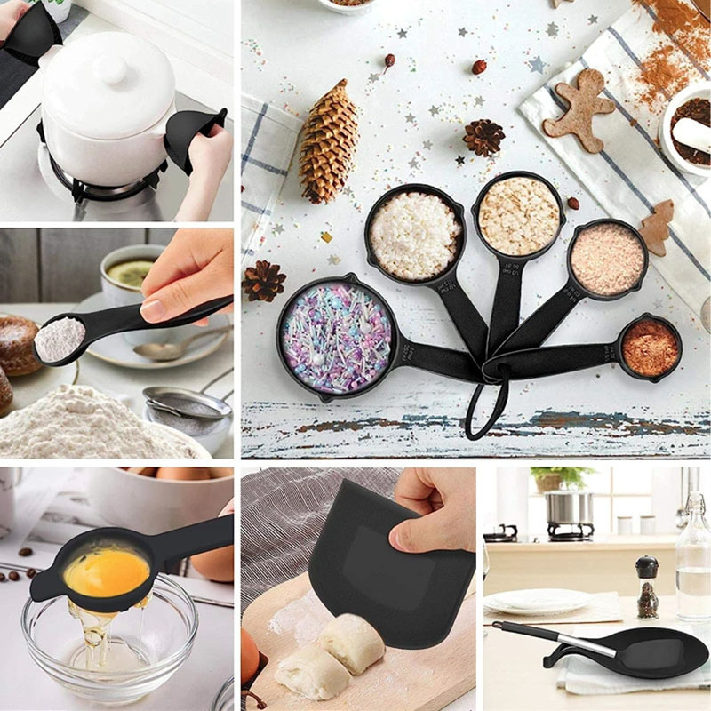 Hot selling Heat resistant black kitchen gadgets tools 43 pcs silicone kitchen cooking utensils set with stainless steel handle