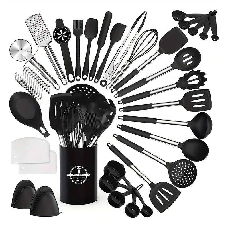 Hot selling Heat resistant black kitchen gadgets tools 43 pcs silicone kitchen cooking utensils set with stainless steel handle