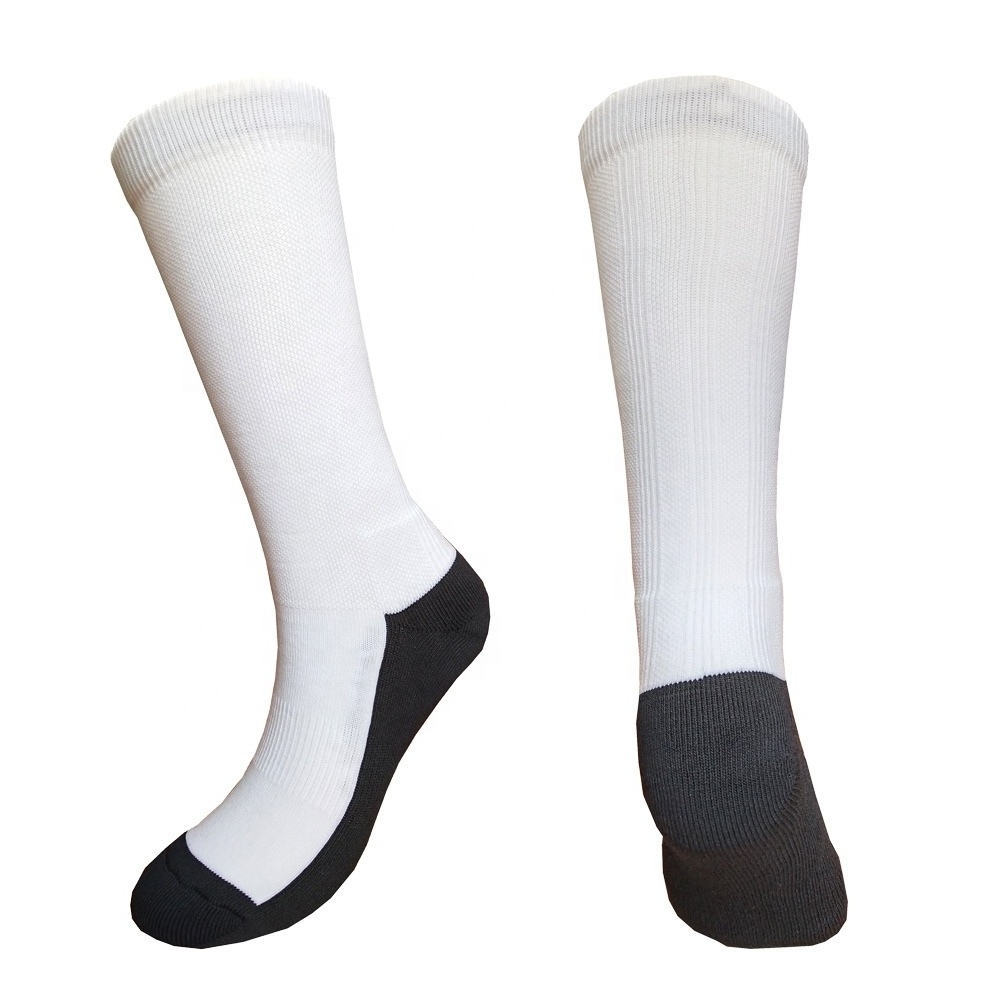 Hot selling polyester white athletic tube socks custom sublimated socks blank with black sole