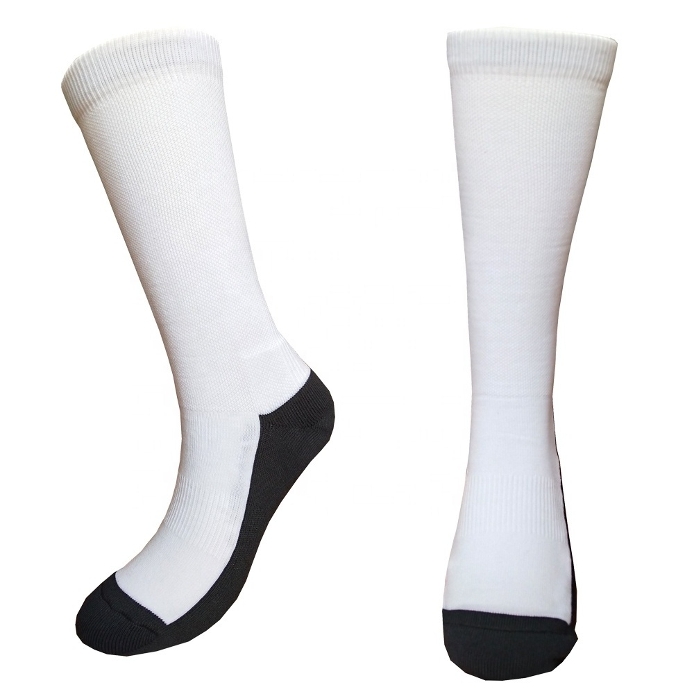 Hot selling polyester white athletic tube socks custom sublimated socks blank with black sole