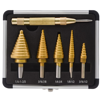 2024 6pcs Hss Coated Step Drill Bit With Center Punch Drill Set Hole Cutter Drilling Tool