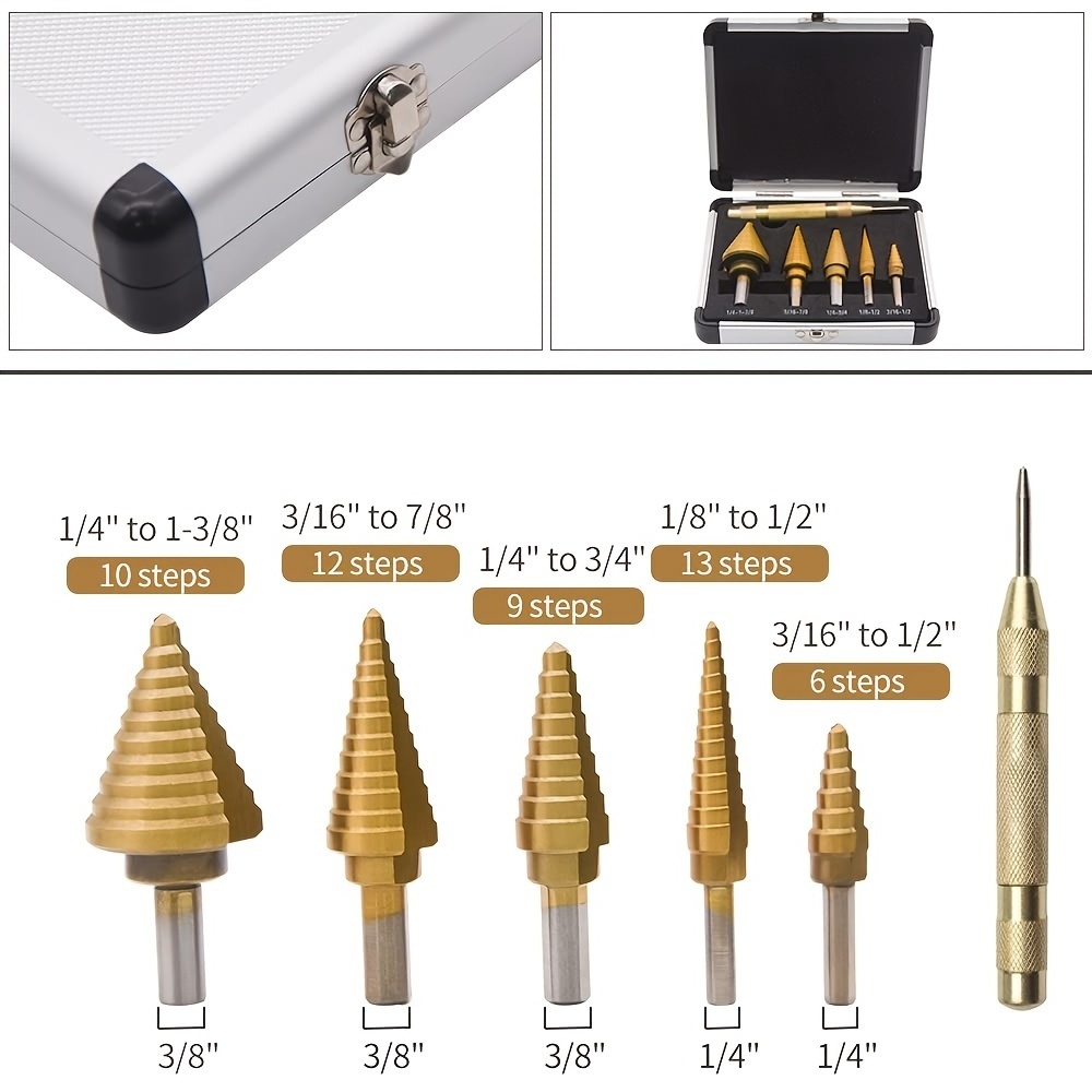 2024 6pcs Hss Coated Step Drill Bit With Center Punch Drill Set Hole Cutter Drilling Tool