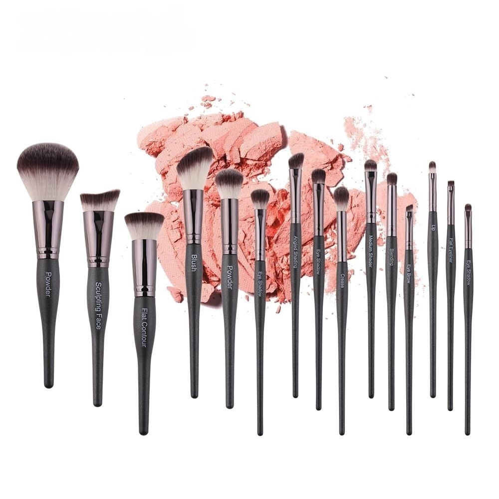 OEM Wholesale 15 Pcs High End Soft Animal Hair Bowling Style Wooden Handle Make-up Brushes Sets