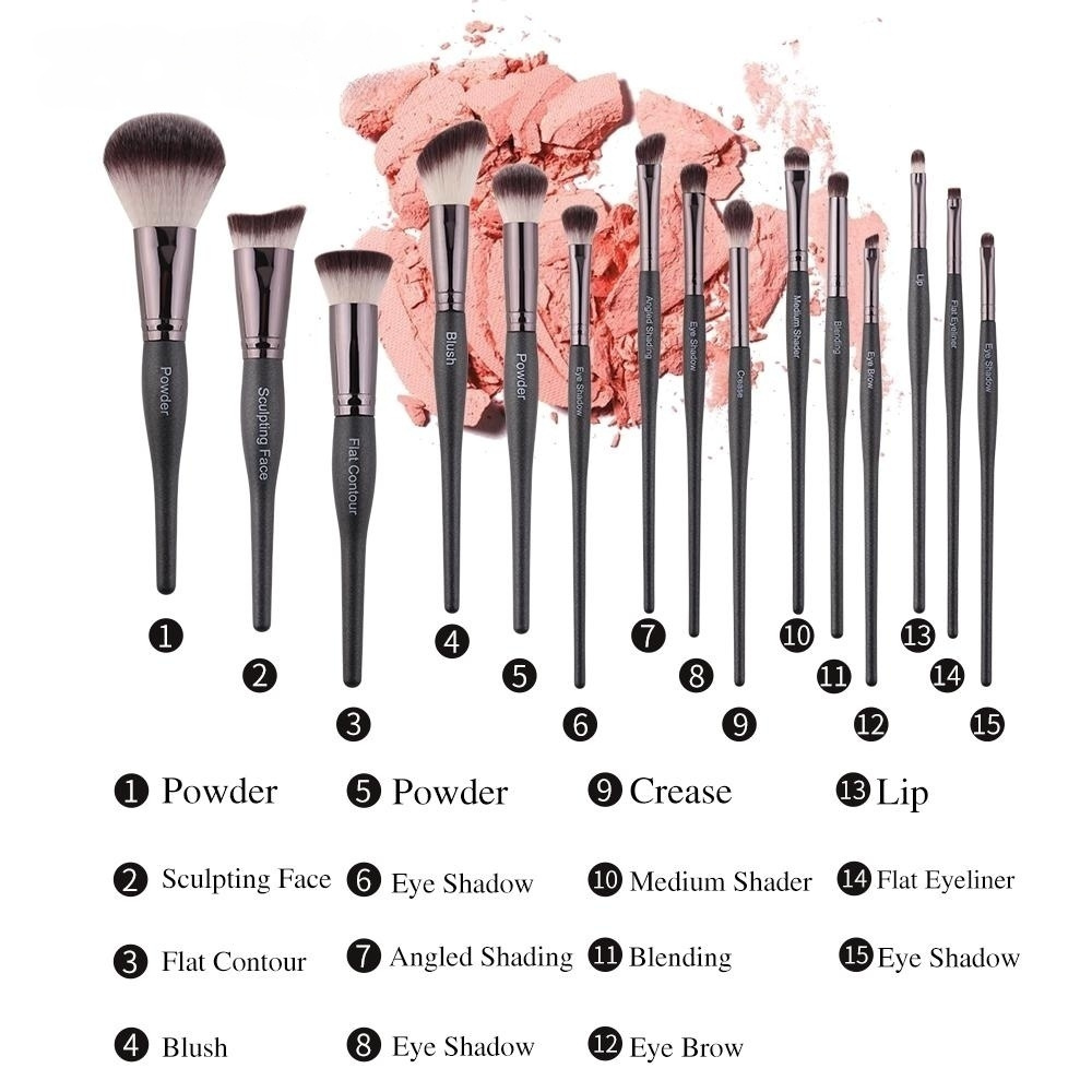 OEM Wholesale 15 Pcs High End Soft Animal Hair Bowling Style Wooden Handle Make-up Brushes Sets