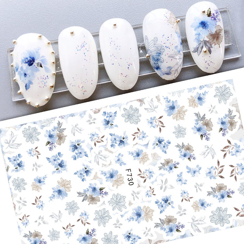 Hot selling ink flower nail art decoration pink light blue flower set nail stickers