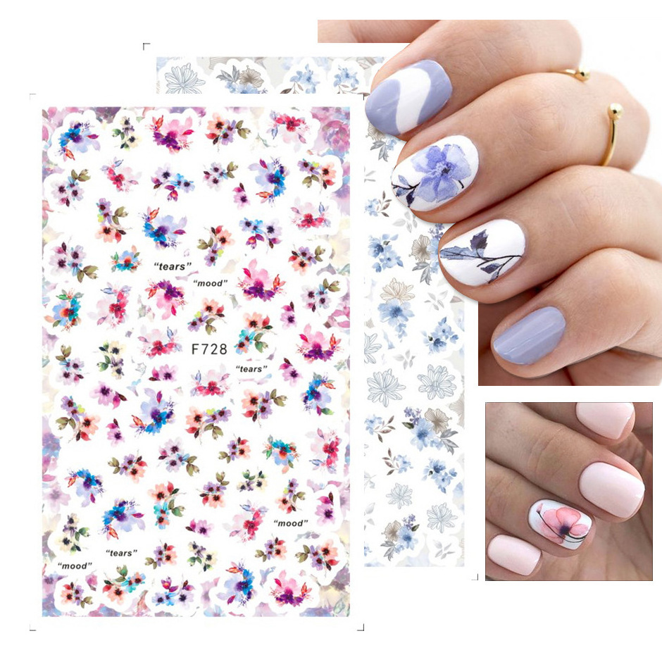 Hot selling ink flower nail art decoration pink light blue flower set nail stickers