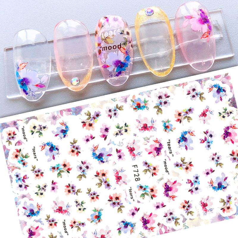 Hot selling ink flower nail art decoration pink light blue flower set nail stickers