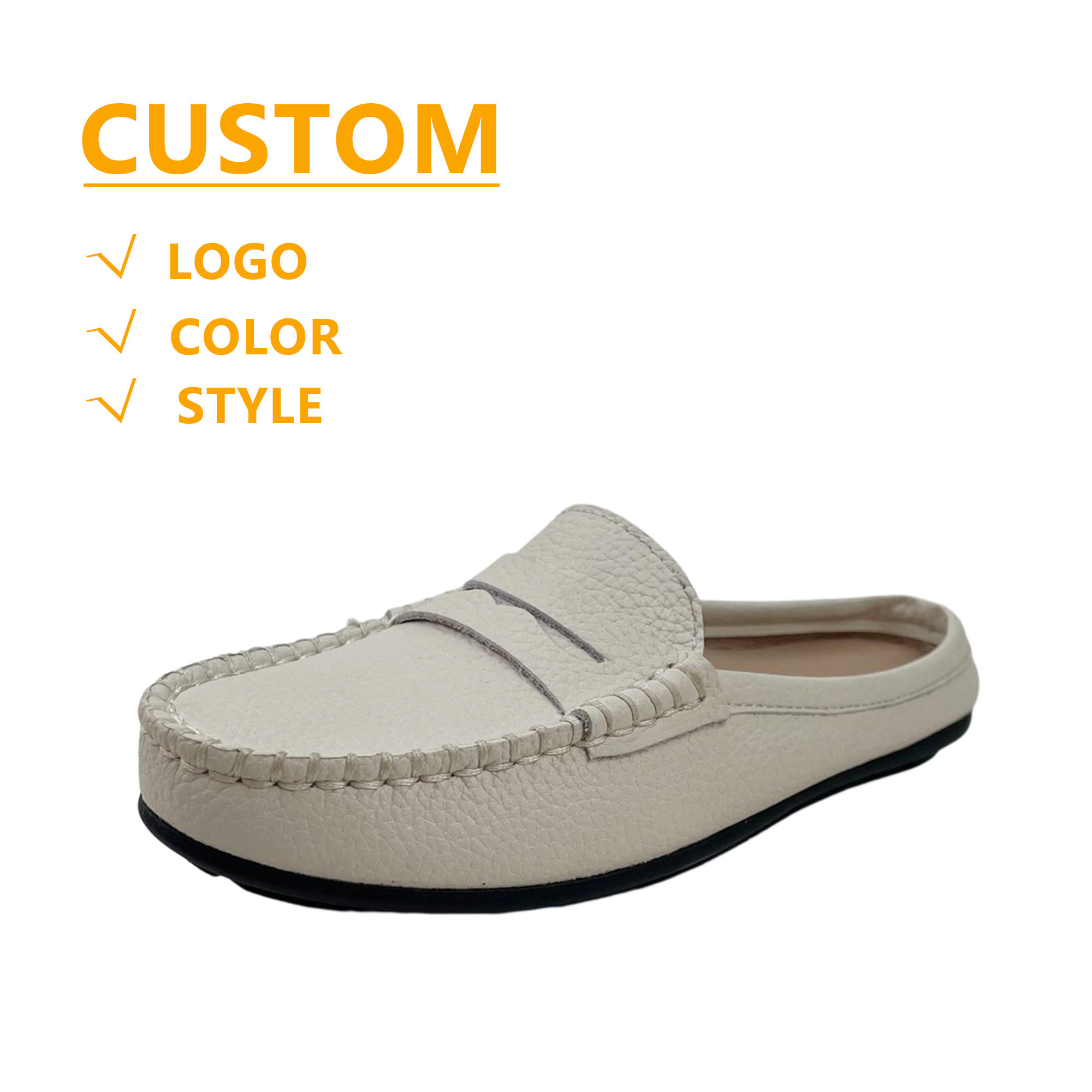 Latest Design Summer Fashion White Slippers Style Casual Moccasin PU Leather Half Shoes for Men Leather