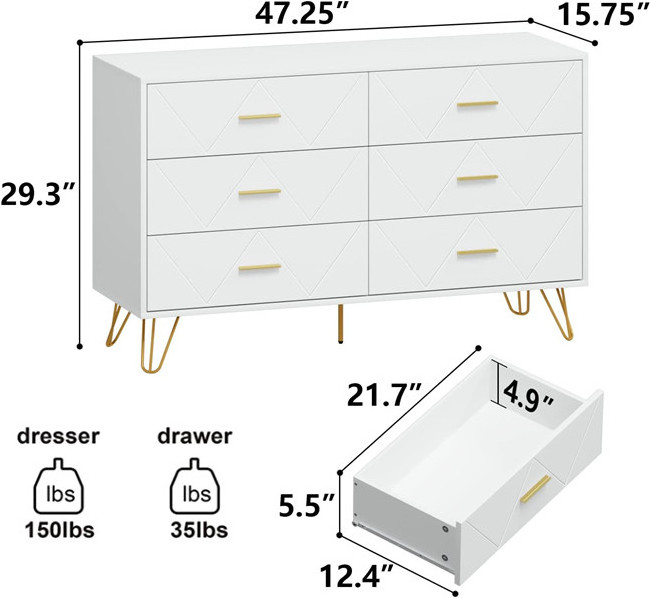 Modern 6 Drawer Dressers  Storage Chest of Drawers Cabinet for Living room Hallway Entryway