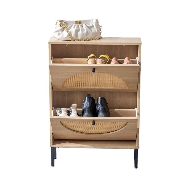 cheap hot sale wood two doors Rattan Shoe Rack Cabinet