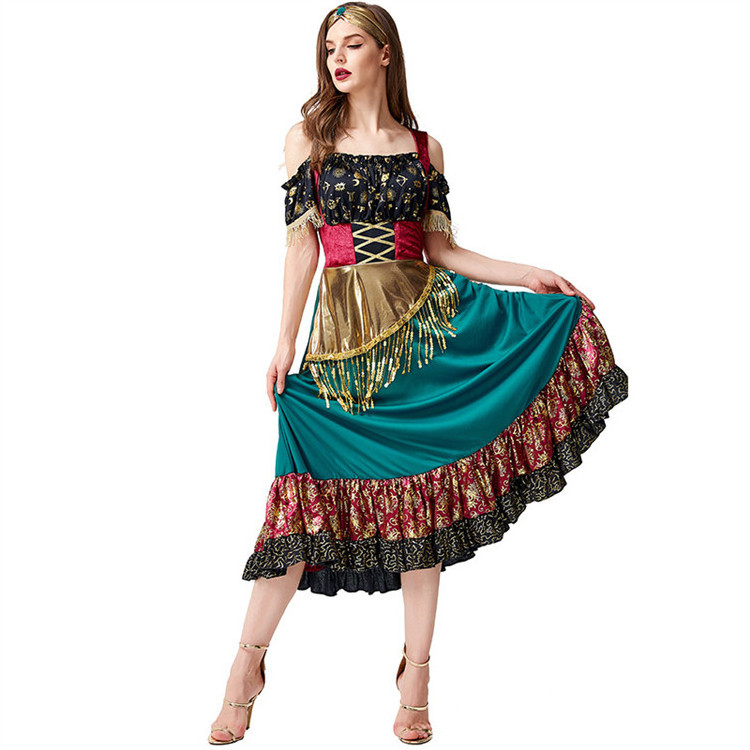 Spain Flamenco Gold Sequin Tassel Flower Print Pleated Skirt Dress Gypsy Girl Carnival Costume