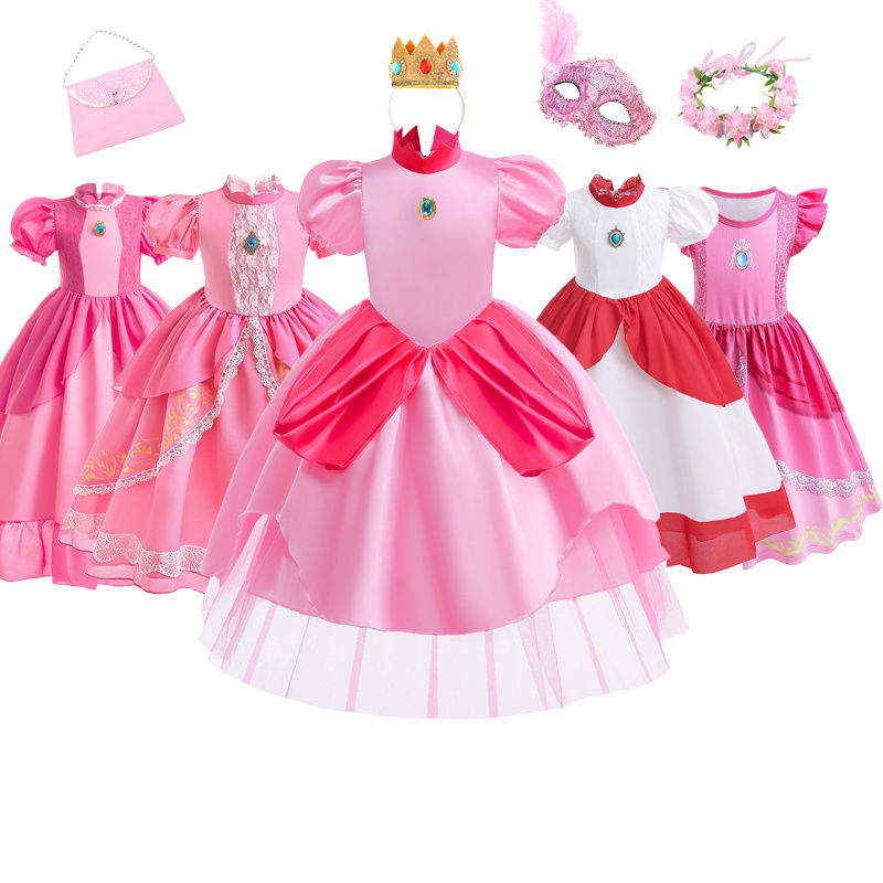 2024 New Arrival Princess Peach Costumes Sleeve Long Girl Pink Dress Christmas Dresses for Kids