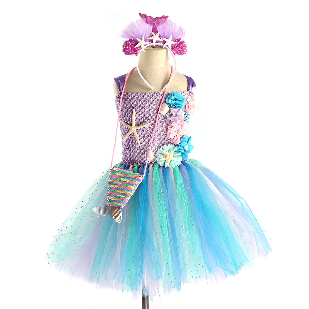 Little Girl Mermaid Dress Sweet Floral Starfish Princess Mermaid Costume with Tiara for Kids Party