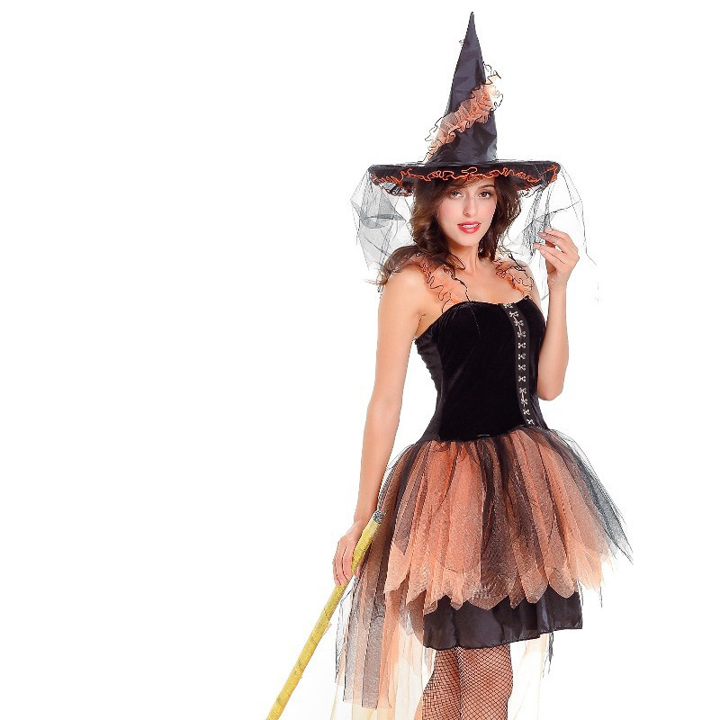 Halloween Cosplay Sexy Witch Costume for Women Purple Orange Black Printing Layering Off-Shoulder Short Dress