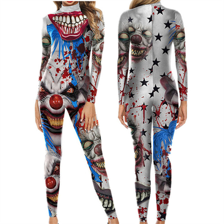 Halloween Cosplay Skeleton Printing Costume Bloody Clown Portrait Print One-piece Jumpsuit