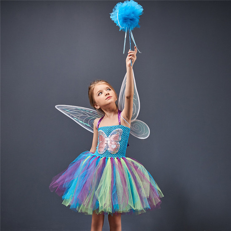 Carnival Cosplay Costume Children Multicolored Butterfly Fairy Tulle TUTU Princess Dress with Wings