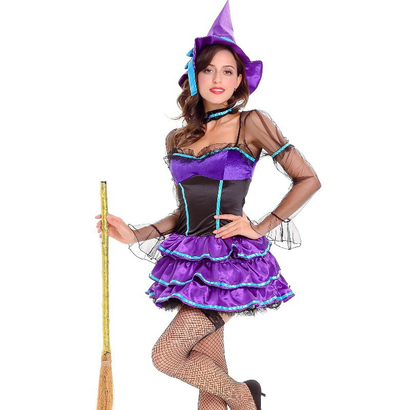 Halloween Cosplay Sexy Witch Costume for Women Purple Orange Black Printing Layering Off-Shoulder Short Dress