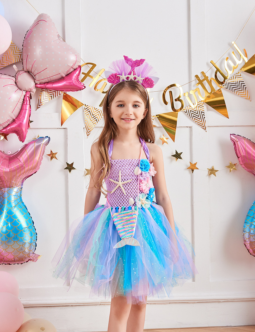 Little Girl Mermaid Dress Sweet Floral Starfish Princess Mermaid Costume with Tiara for Kids Party