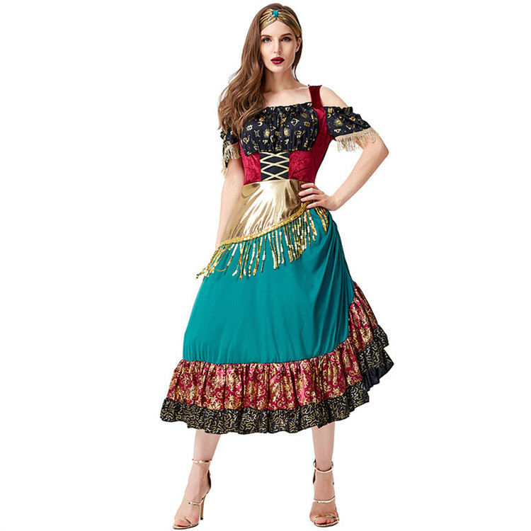 Spain Flamenco Gold Sequin Tassel Flower Print Pleated Skirt Dress Gypsy Girl Carnival Costume