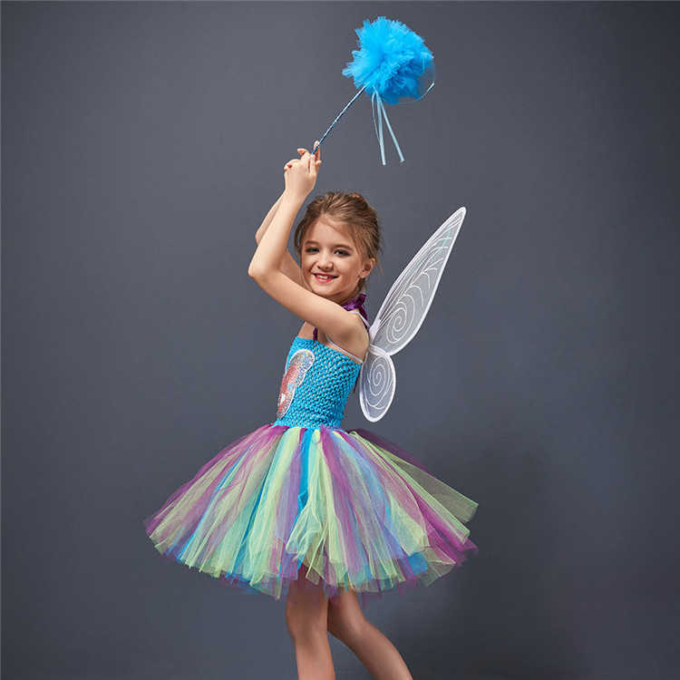 Carnival Cosplay Costume Children Multicolored Butterfly Fairy Tulle TUTU Princess Dress with Wings