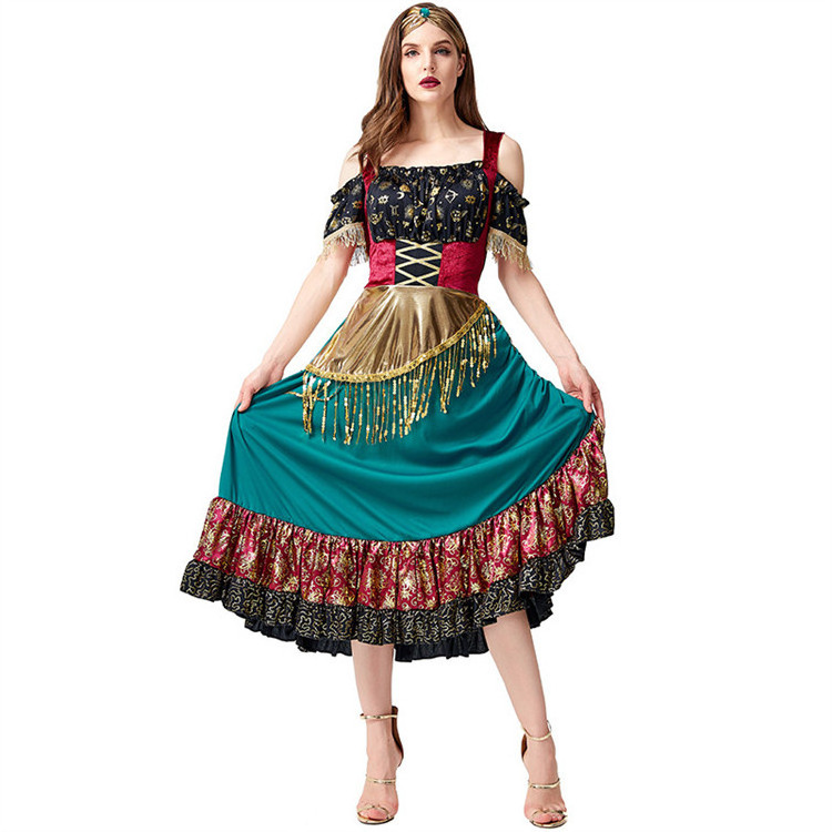 Spain Flamenco Gold Sequin Tassel Flower Print Pleated Skirt Dress Gypsy Girl Carnival Costume