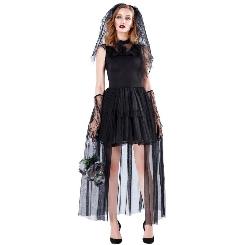 New Women Deluxe Victorian Halloween Sexy Costume Black Ghost Bride Costume