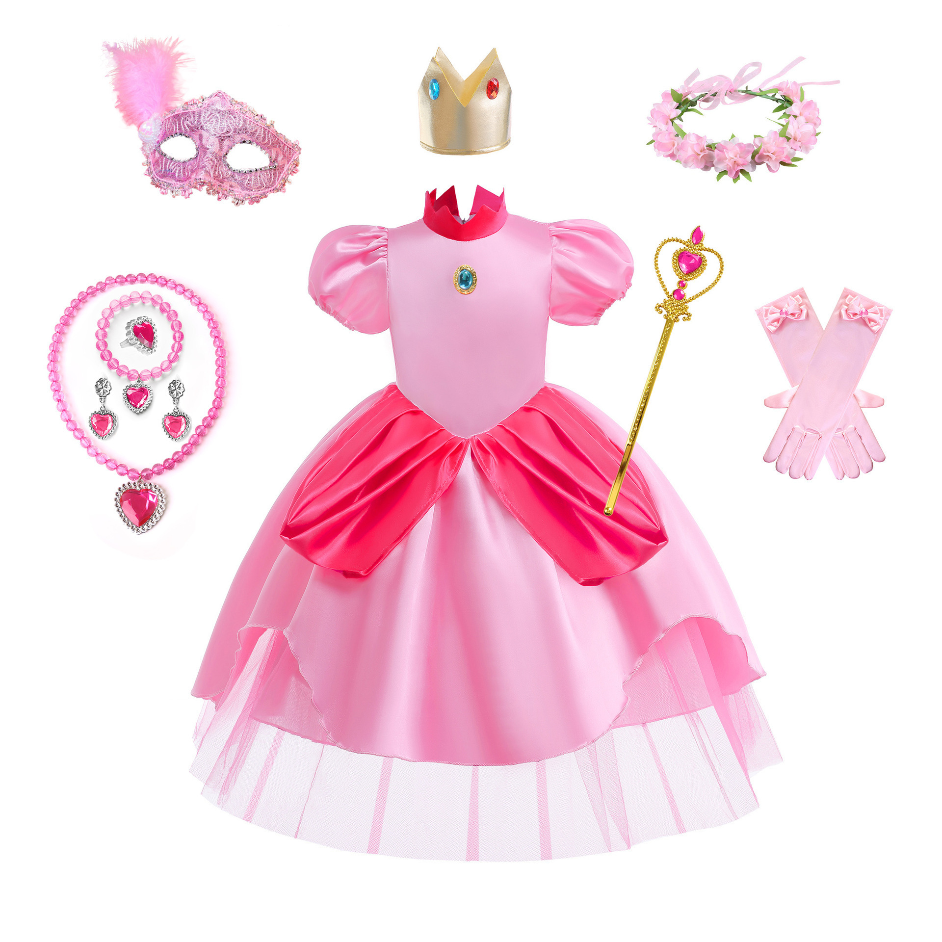 2024 New Arrival Princess Peach Costumes Sleeve Long Girl Pink Dress Christmas Dresses for Kids