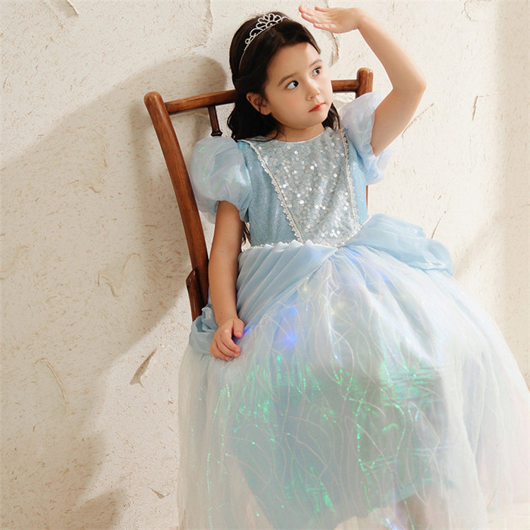 Customized Factory Selling Shiny Sequins Fluffy Tulle Elsa Princess Dress Girls' Carnival Cosplay Costume