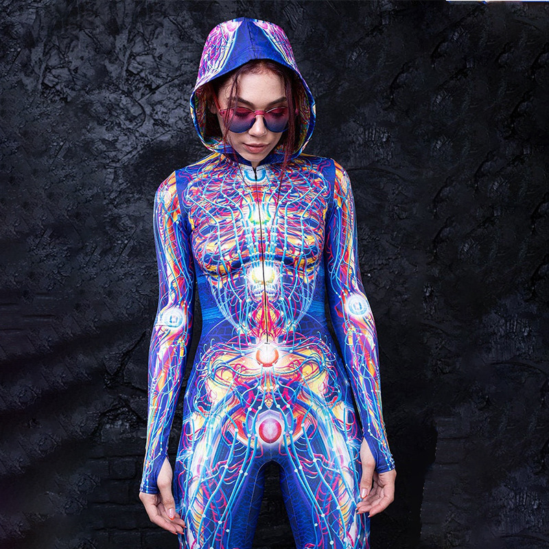 Women Halloween Costumes Carnival Skeleton Costumes Glow In The Dark Skull Printed Bodysuits For Adults Party Dress