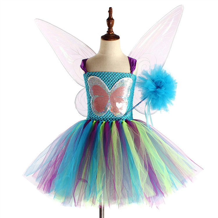 Carnival Cosplay Costume Children Multicolored Butterfly Fairy Tulle TUTU Princess Dress with Wings