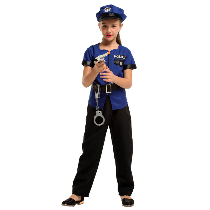 Kids Police Costumes Halloween Costumes For Girls Short Sleeves Officer Uniform Set Role Play Dress Up