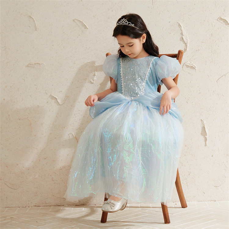 Customized Factory Selling Shiny Sequins Fluffy Tulle Elsa Princess Dress Girls' Carnival Cosplay Costume