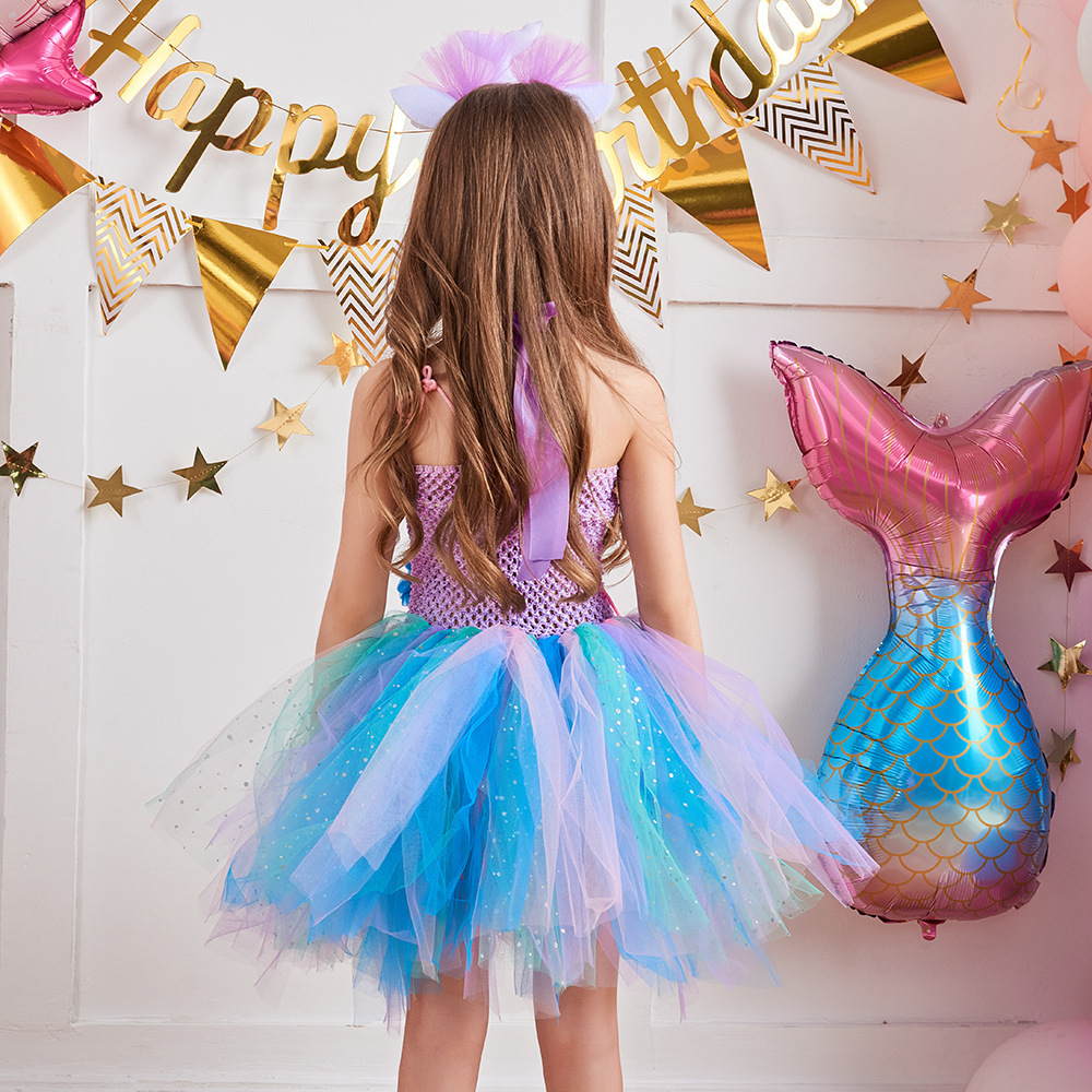 Little Girl Mermaid Dress Sweet Floral Starfish Princess Mermaid Costume with Tiara for Kids Party