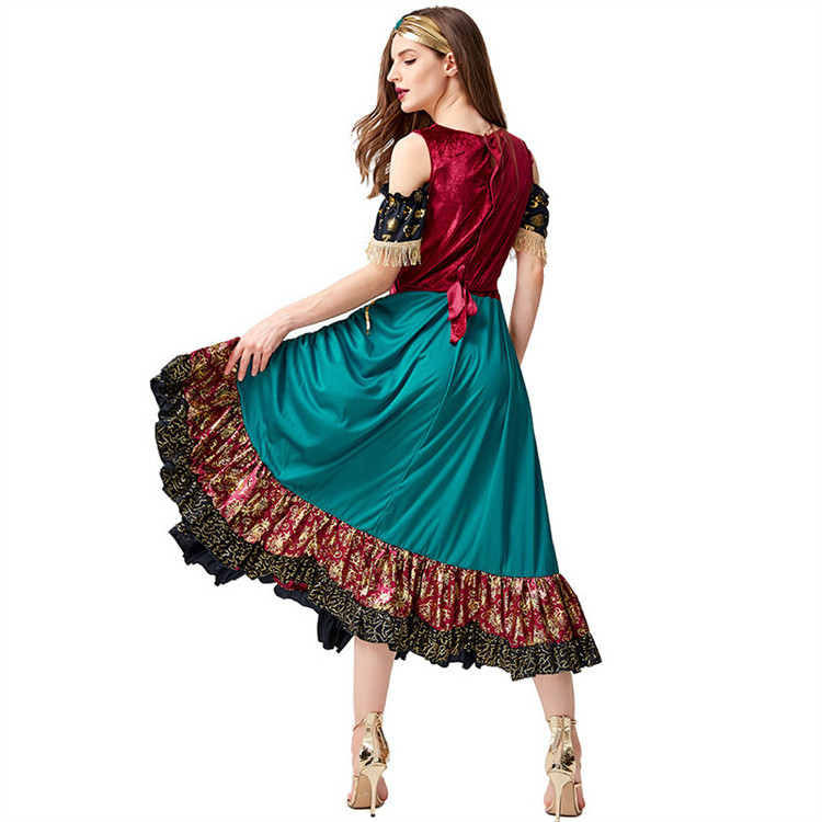 Spain Flamenco Gold Sequin Tassel Flower Print Pleated Skirt Dress Gypsy Girl Carnival Costume