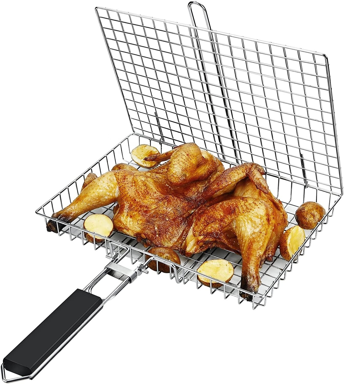 Customized Quality Barbecue Kits Wood Handle Nonstick Solid Stainless Steel Bbq Grill Basket