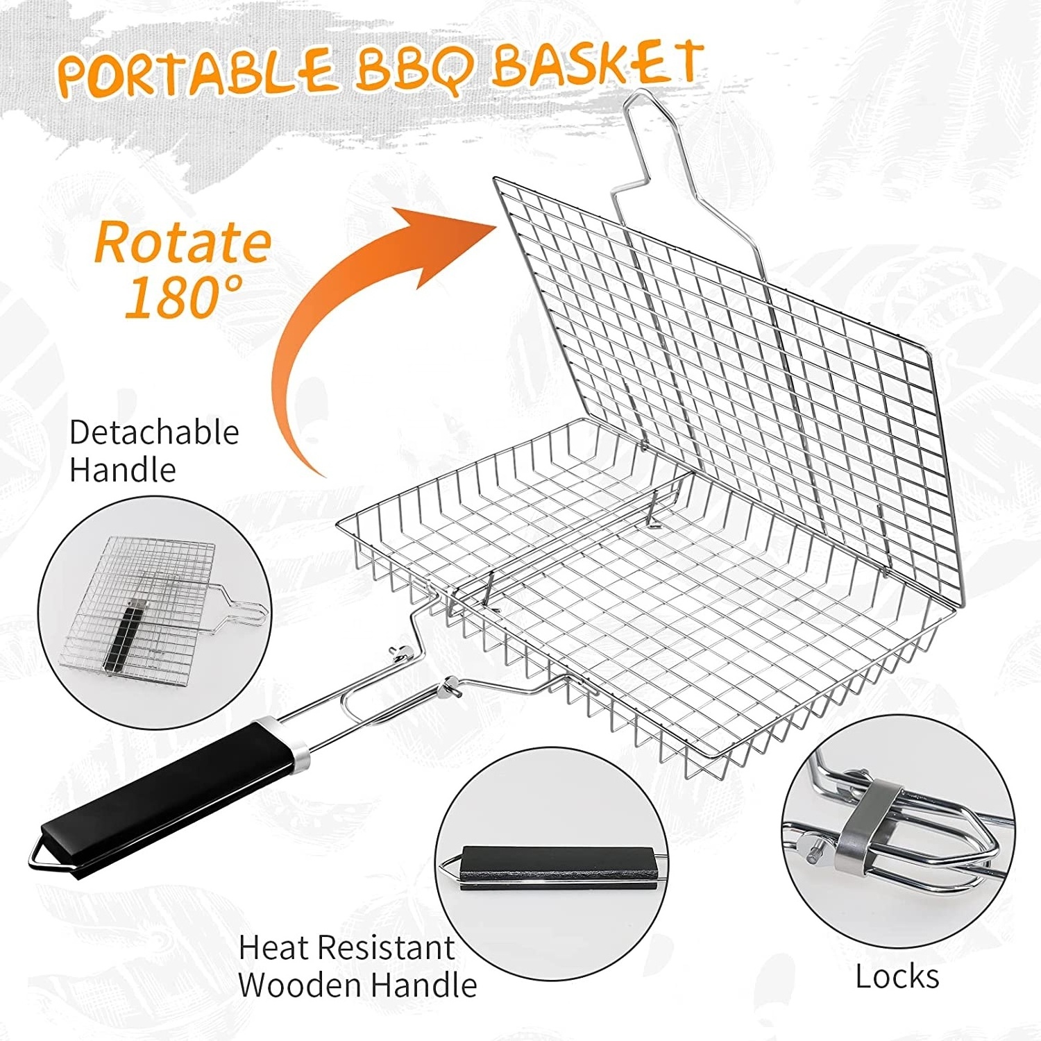 Customized Quality Barbecue Kits Wood Handle Nonstick Solid Stainless Steel Bbq Grill Basket