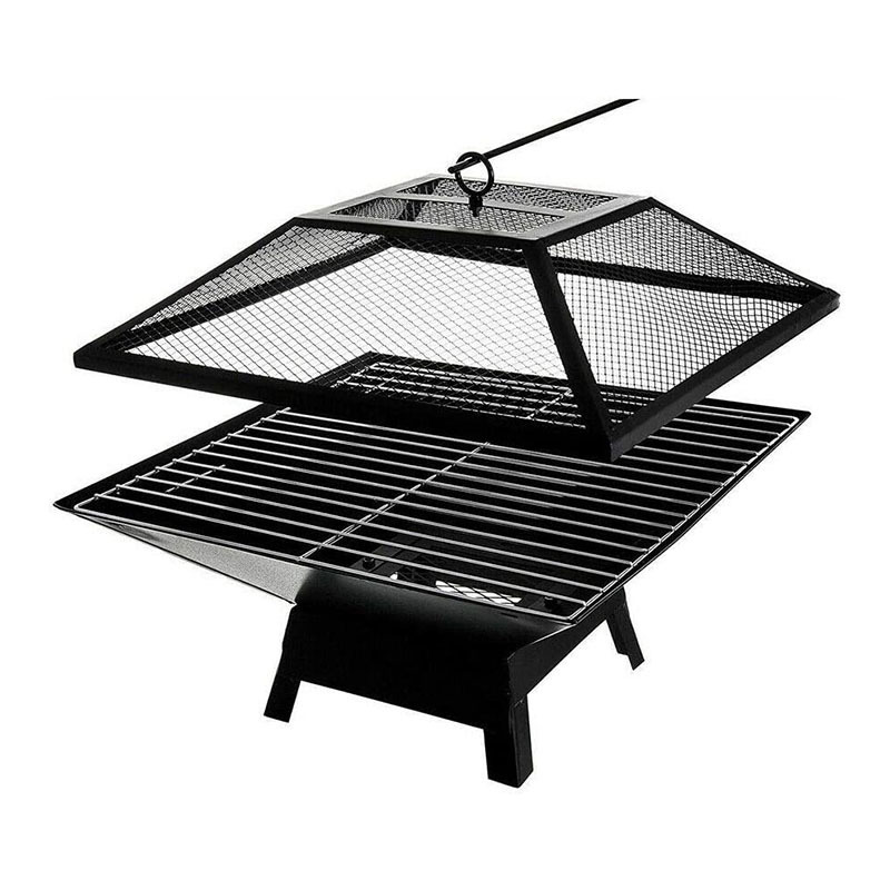 Outdoor Garden Fire Pit Firepit Brazier Burner Square Stove with Protective Mesh Spark Guard Cover Outdoor Heater with BBQ Grill